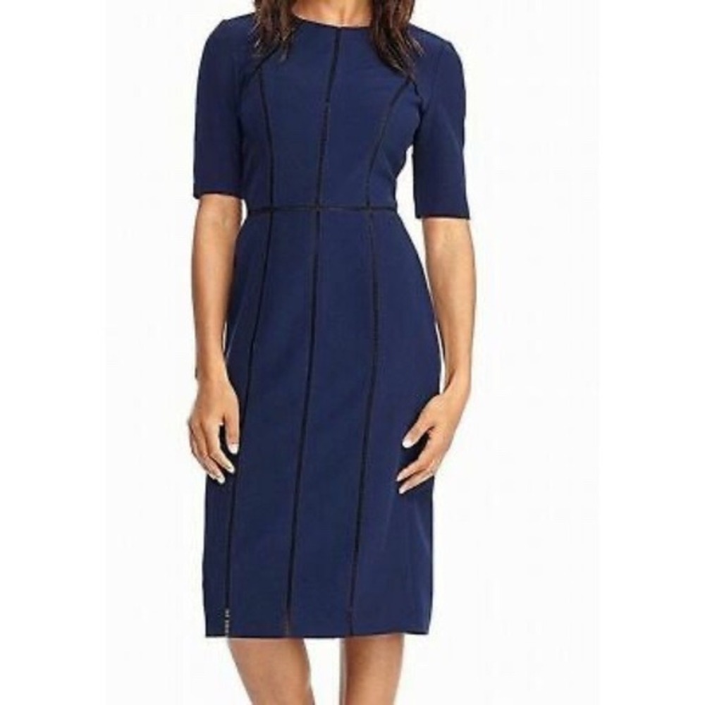 Maggy London Navy Blue Ladder Stitch Sheath Midi Dress Size 8 Short Sleeve